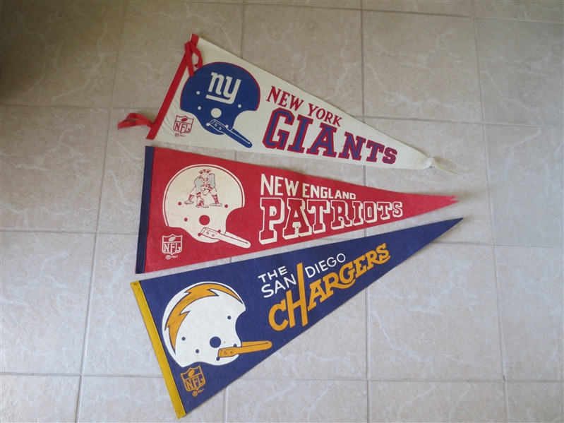 (6) dated 1967 NFL Football Pennants Chargers, Patriots, Giants, Colts, Jets, Bills