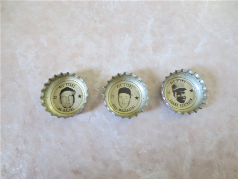 (3) 1967 Coke Bottle Caps Hall of Famers: Frank Robinson, Al Kaline, Bill Mazeroski  Beautiful!