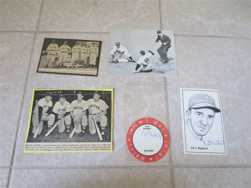 Autographed items signed by Carl Hubbell (2), Roger Cramer, Pee Wee Reese, and Dom DiMaggio
