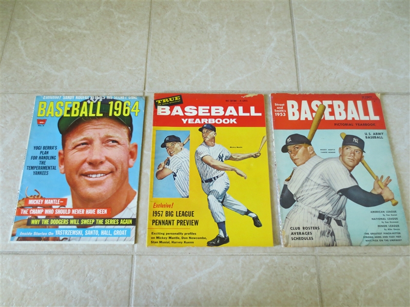 (3) 1953, 57, 64 Mickey Mantle cover baseball yearbooks and magazine