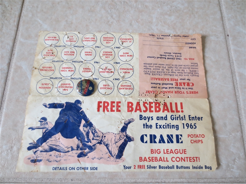 1965 Crane Potato Chips Advertising Sheet with Philadelphia Phillies baseball button RARE!