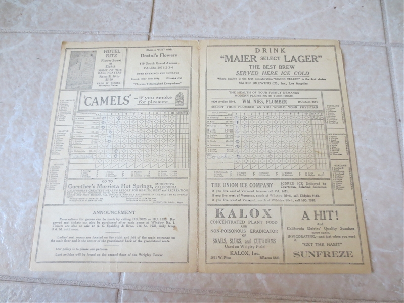1928 Sacramento Solons at Hollywood Stars PCL baseball program/scorecard