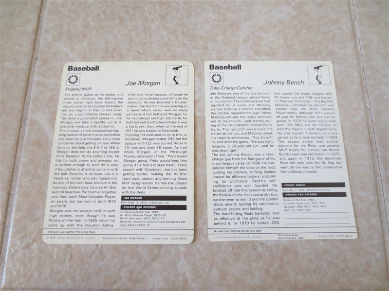 1977-79 Johnny Bench and Joe Morgan Sportscaster baseball cards