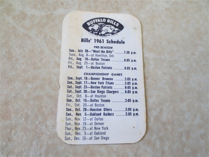 1961 Buffalo Bills AFL Football pocket schedule 2nd year of existence RARE!