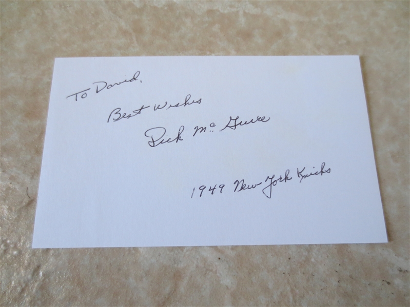 Autographed Dick McGuire basketball 3 x 5 card 1949 New York Knicks