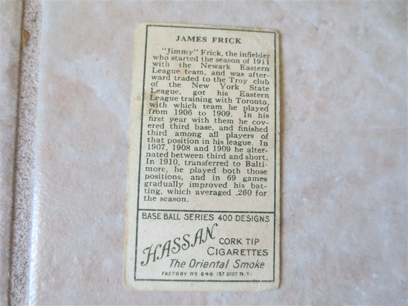 1911 T205 Jimmy Frick Newark Minor League baseball card Hassan back Factory #649