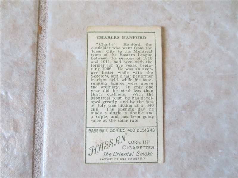 1911 T205 Charlie Hanford Jersey City Minor League baseball card Hassan back Factory #649