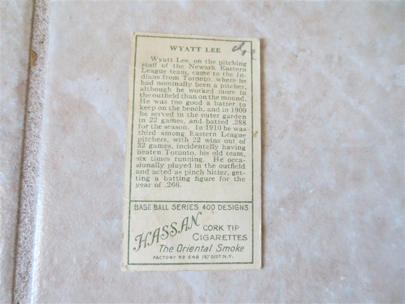 1911 T205 Watty Lee Newark Minor League baseball card Hassan back Factory #649