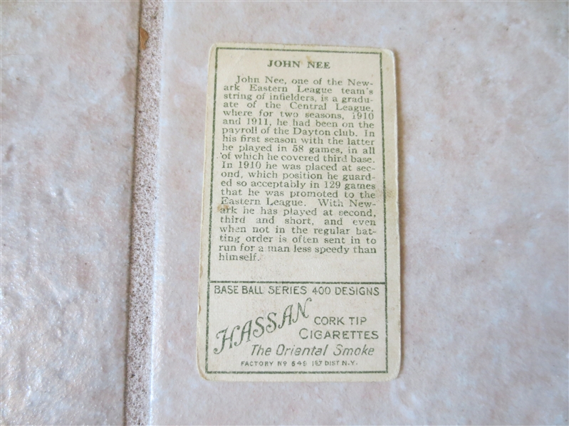 1911 T205 John Nee Newark Minor League baseball card Hassan back Factory #649