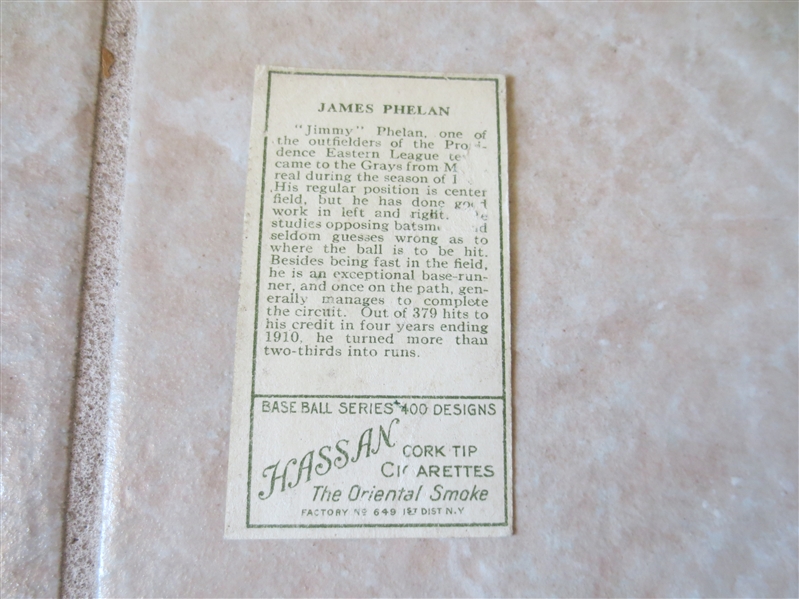1911 T205 Jimmy Phelan Providence Minor League baseball card Hassan back Factory #649