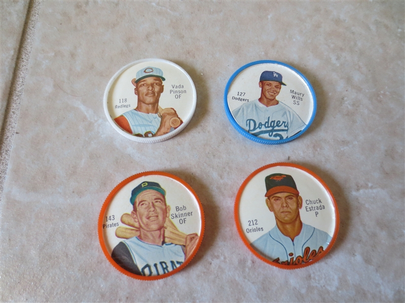 (4) 1962 Salada Junket baseball coins: Maury Wills, Pinson, Estrada, Skinner