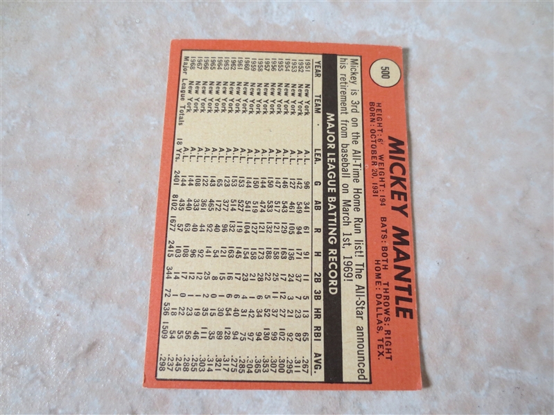 1969 Topps Mickey Mantle baseball card #500  Displays well, affordable condition