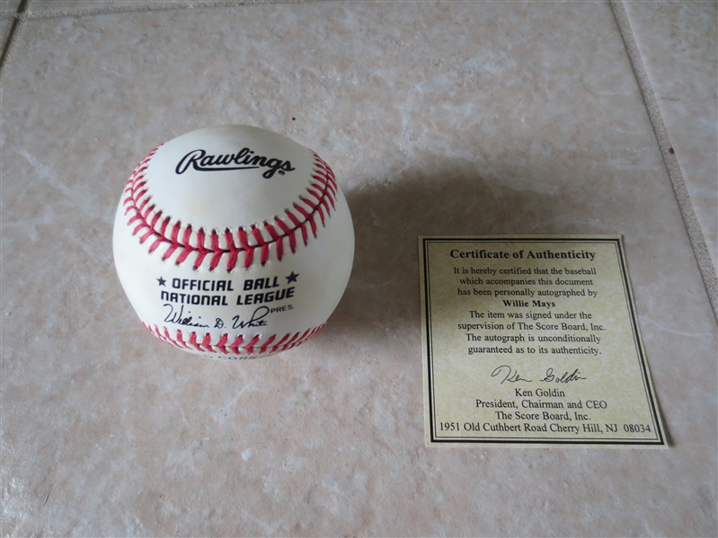 Autographed Willie Mays Official William White National League baseball with Ken Goldin Score Board Cert.