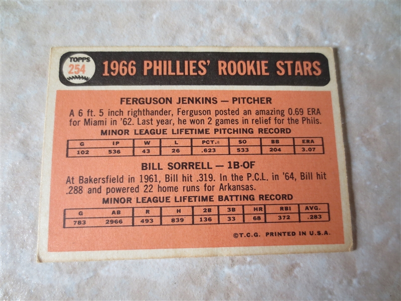 1966 Topps Ferguson Jenkins Rookie Baseball Card #254 Very nice condition!