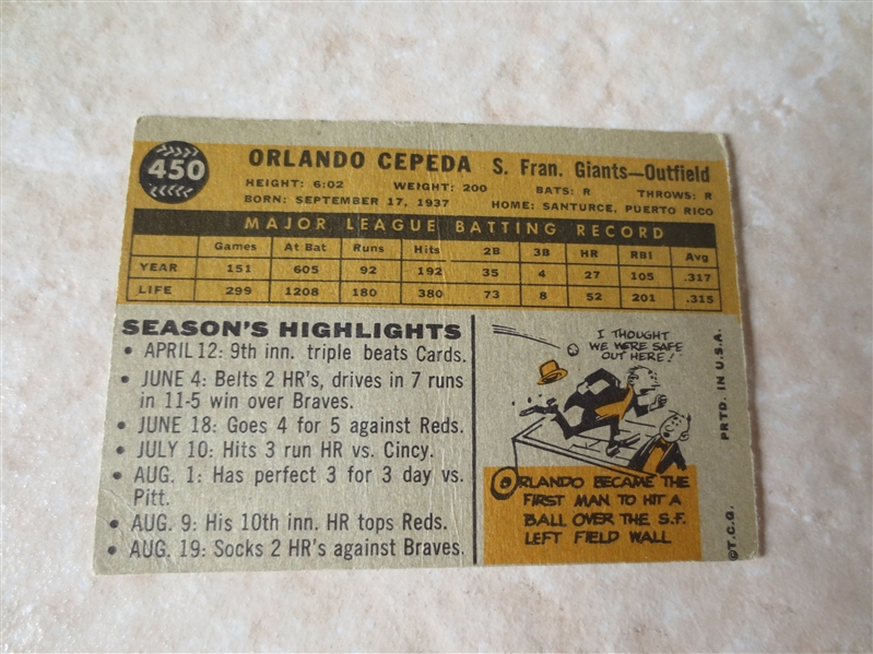 1960 Topps Orlando Cepeda baseball card #450   HOFer