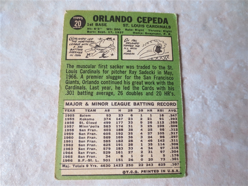 1967 Topps Orlando Cepeda baseball card #20 HOFer
