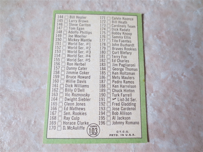 1967 Topps Mickey Mantle 2nd Series Check List in outstanding  condition!