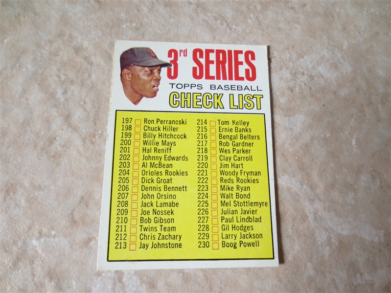 1967 Topps Willie Mays 3rd Series Checklist #191 in very nice condition