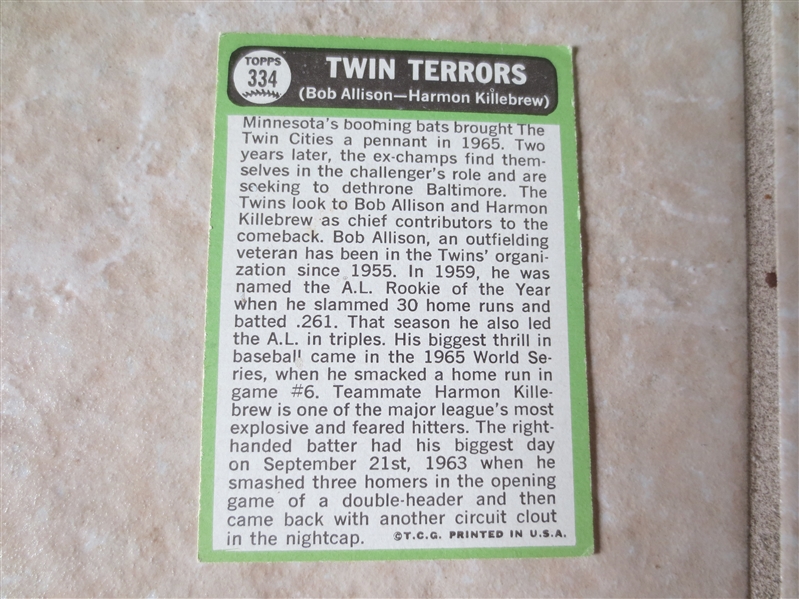 1967 Topps Twin Terrors Harmon Killebrew/Bob Allison #334 baseball card  A beauty!