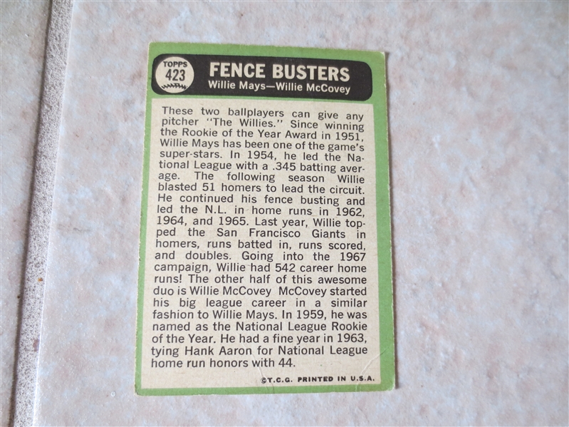 1967 Topps Willie Mays/Willie McCovey Fence Busters baseball card #423