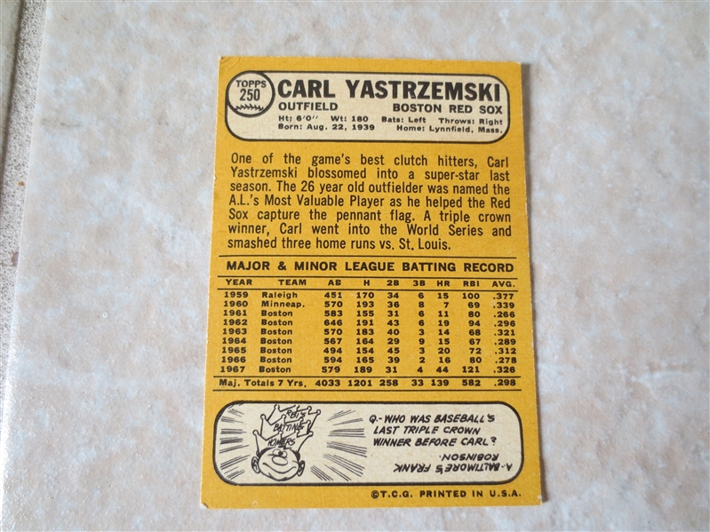 1968 Topps Carl Yastrzemski #250 baseball card in very nice condition