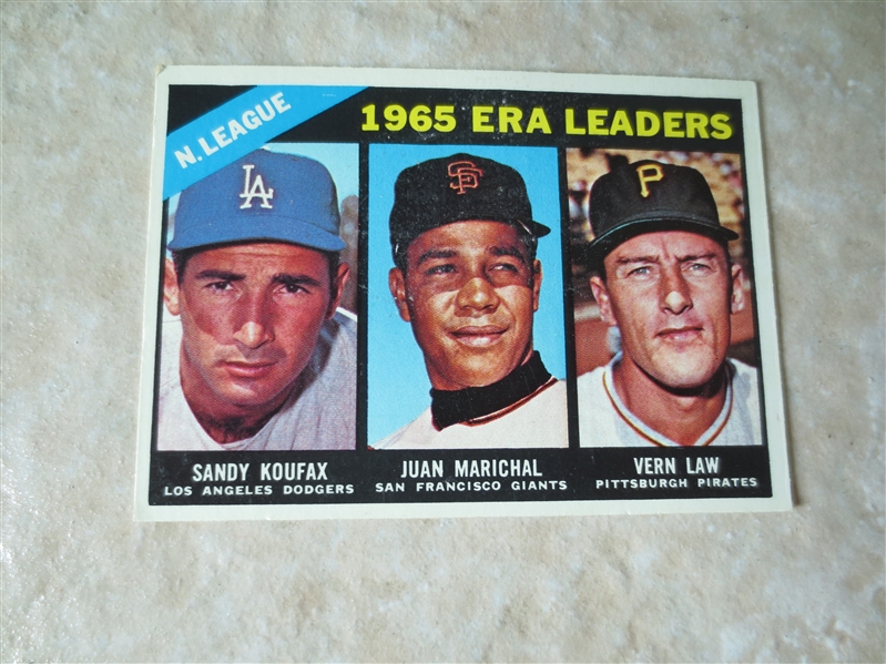 1966 NL ERA Leaders baseball card Koufax, Marichal, Law #221 baseball card  Appears nmt-mt but writing on back