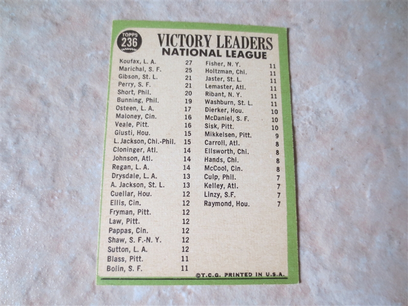 1967 Topps NL Pitching Leaders Koufax, Marichal, Gibson, Perry #236   A Beauty!
