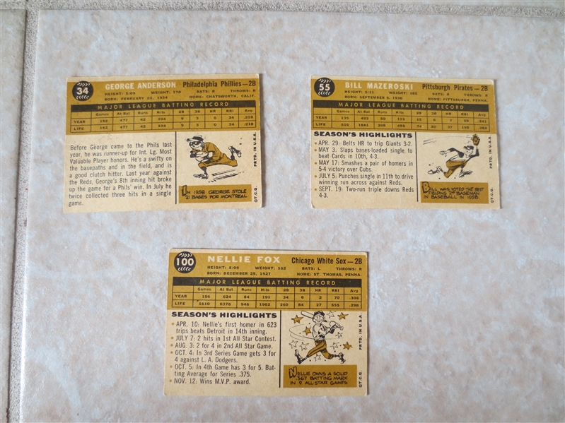 1960 Topps Sparky Anderson, Bill Mazeroski, and Nellie Fox baseball cards  ALL HOFers