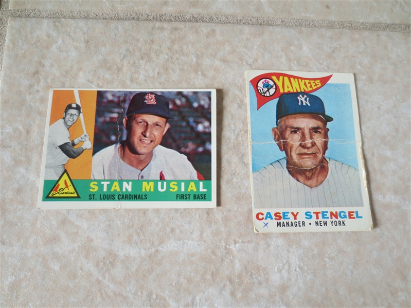 1960 Topps Stan Musial #250 and Casey Stengel #227 baseball cards 