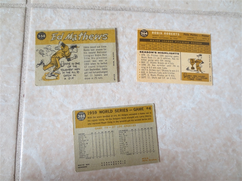 1960 Topps Eddie Mathews, Robin Roberts, and World Series baseball cards in nice condition