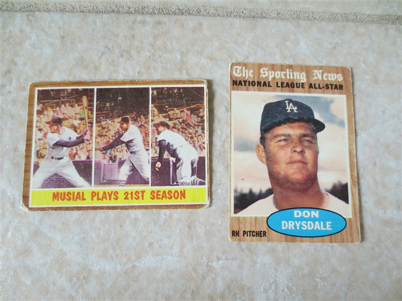 1962 Topps Stan Musial #317 and Don Drysdale Sporting News #398 baseball cards