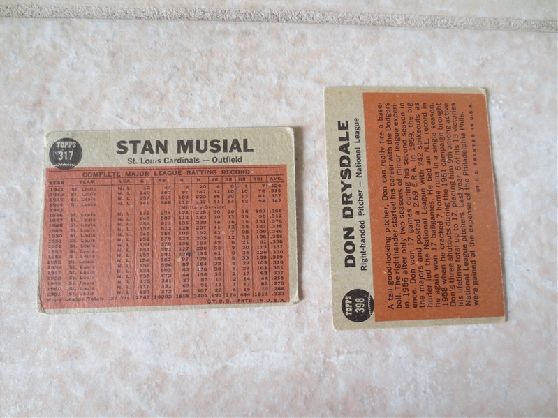 1962 Topps Stan Musial #317 and Don Drysdale Sporting News #398 baseball cards