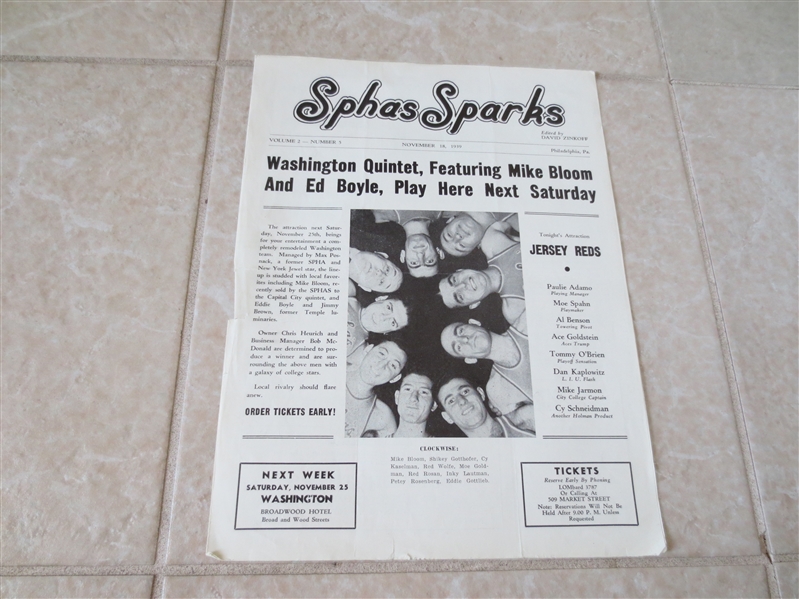 1939 Jersey Reds at Philadelphia Sphas ABL Pro Basketball Program  RARE
