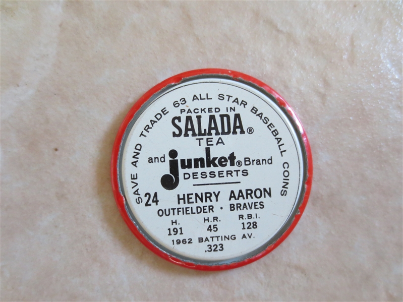 1963 Salada-Junket Coin Hank Aaron #24 in beautiful condition  Send to PSA!