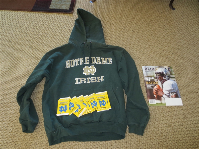 The Notre Dame Package:  Notre Dame Irish Hoodie Sweatshirt + magazine + ten Notre Dame Trading Card Packs