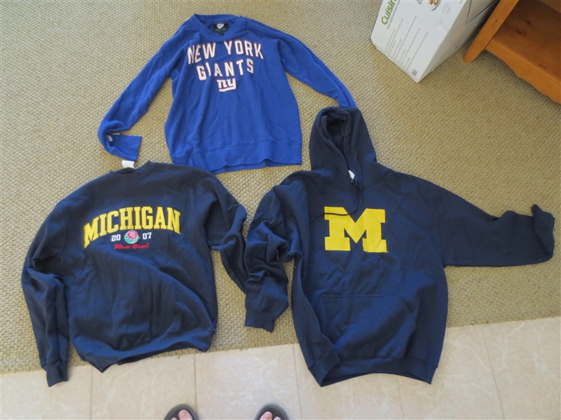 Football Clothing Galore: 2007 Michigan Rose Bowl Sweatshirt, Michigan Hoodie, and NY Giants sweatshirt