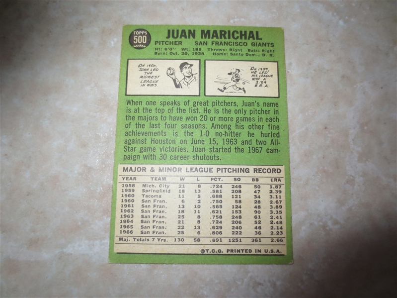 1967 Topps Juan Marichal baseball card #500  Very nice condition!
