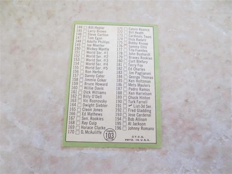 1967 Topps Mickey Mantle 2nd Series Check List  very nice condition