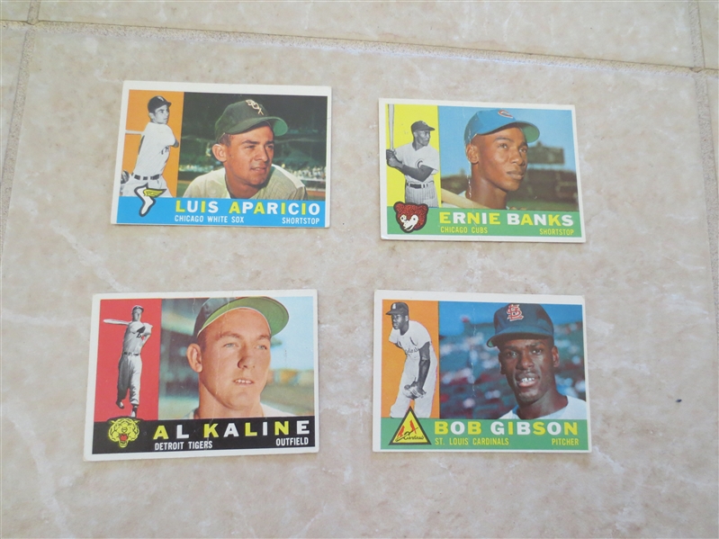(4) 1960 Topps Gibson, Banks, Kaline, Aparicio baseball cards in affordable condition