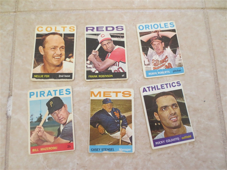 (6) 1964 Topps Frank Robinson, Stengel, Fox, Mazeroski, Roberts, Colavito baseball cards in affordable condition