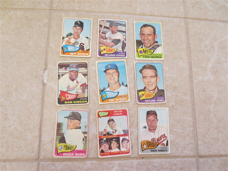 (9) 1965 Topps HOF baseball cards in affordable condition: Berra, Cepeda, Gibson, Leader, more