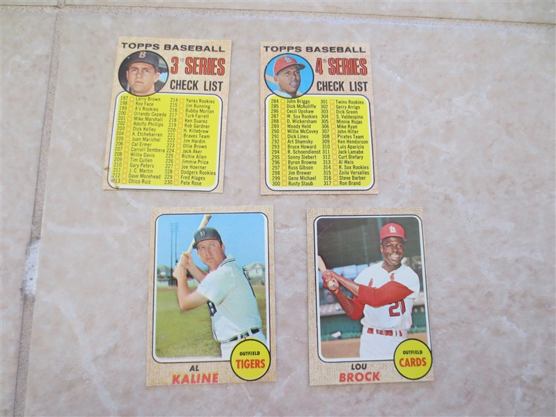 (4) 1968 Topps Hall of Famer baseball cards: Brock, Kaline, Cepeda & Yaz unmarked check lists