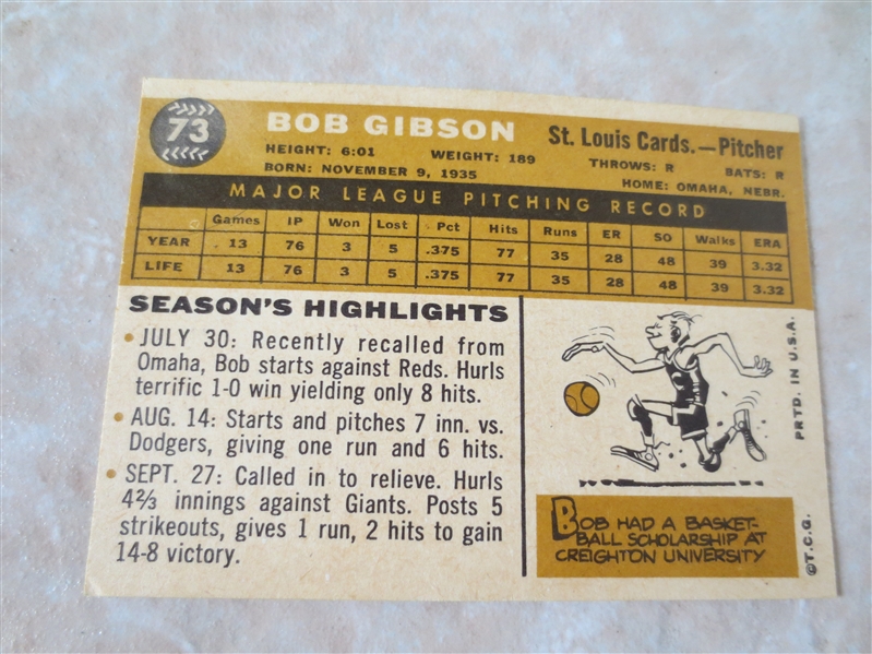 1960 Topps Bob Gibson baseball card #73 Hall of Famer