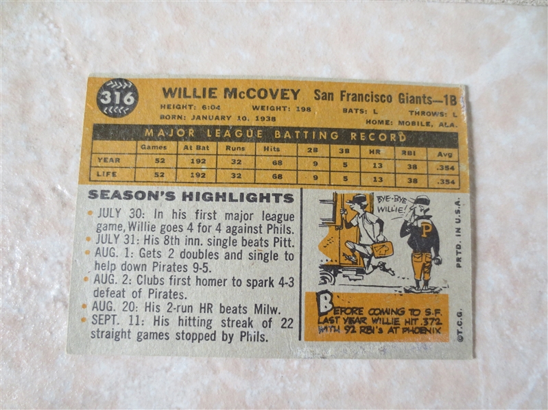 1960 Topps Willie McCovey Rookie baseball card #316