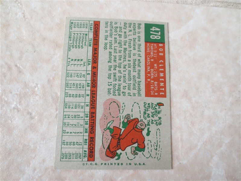 1959 Topps Bob Clemente baseball card #478  Sharp corners, nice color