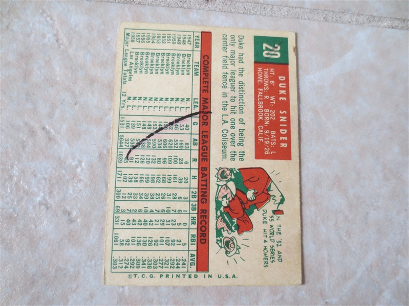 1959 Topps Duke Snider #20 baseball card in affordable condition