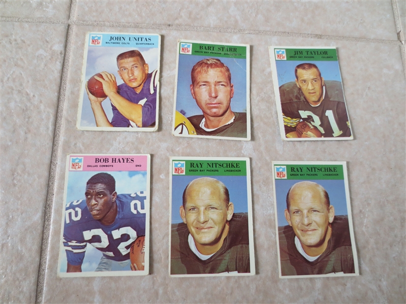 (6) 1966 Philadelphia Football cards of HOFers: Unitas, Starr, Bob Hayes rookie, Taylor, (2) Nitschke in affordable condition