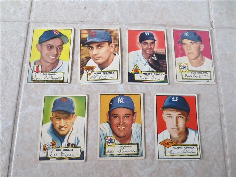 (7) 1952 Topps baseball cards including Allie Reynolds, Dom DiMaggio and Bill Rigney