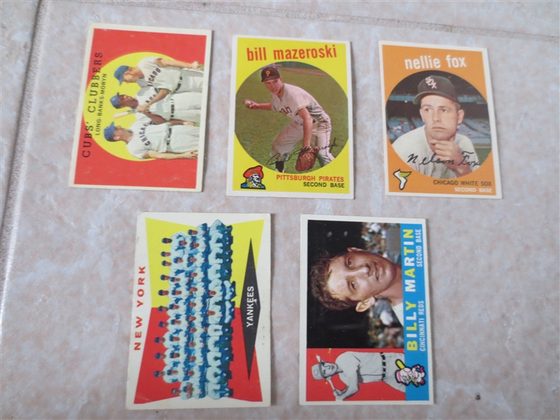 (5) 1959 and 1960 Topps baseball Hall of Famers with pencil marks on the back