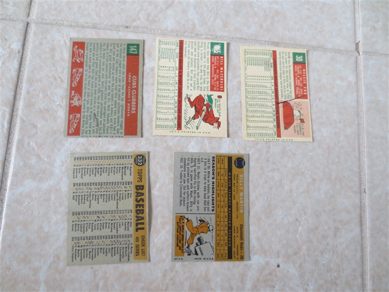 (5) 1959 and 1960 Topps baseball Hall of Famers with pencil marks on the back
